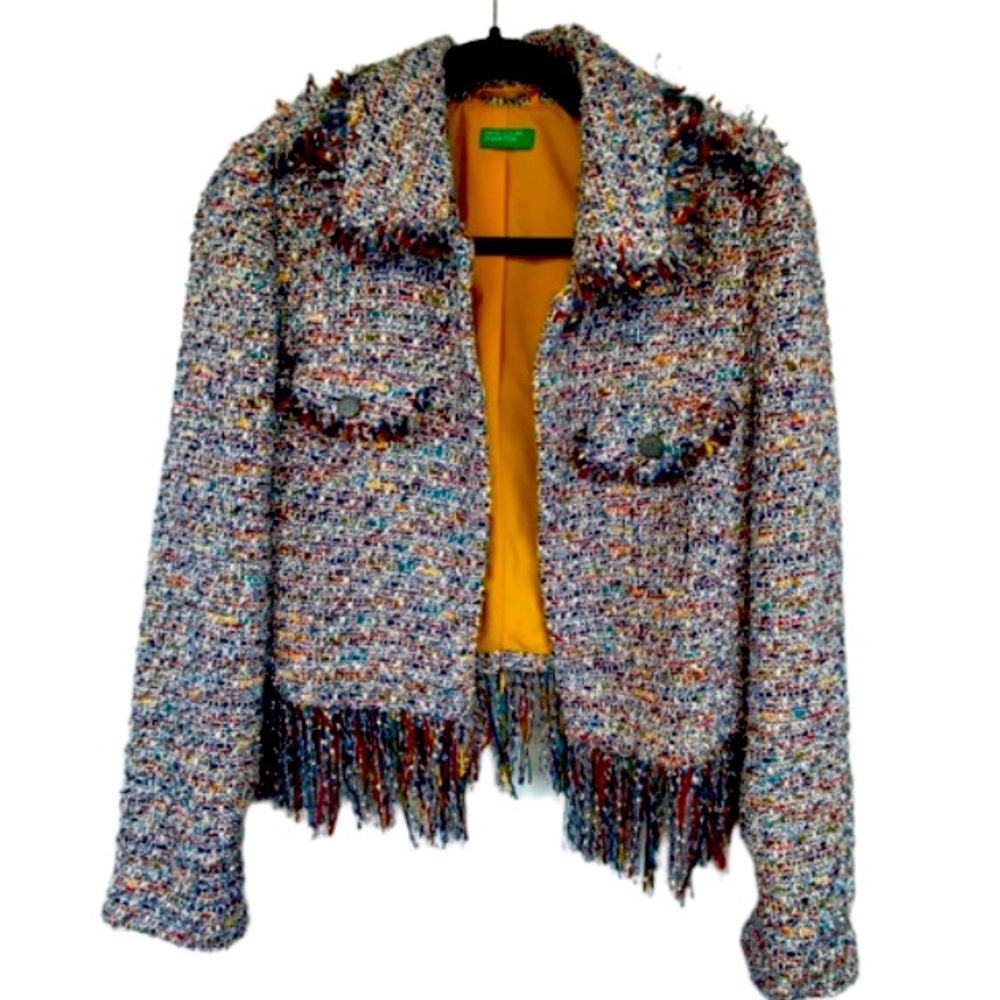 EUC United Colours of Benetton Rainbow Mixed Media Tweed Blazer Jacket Size 4